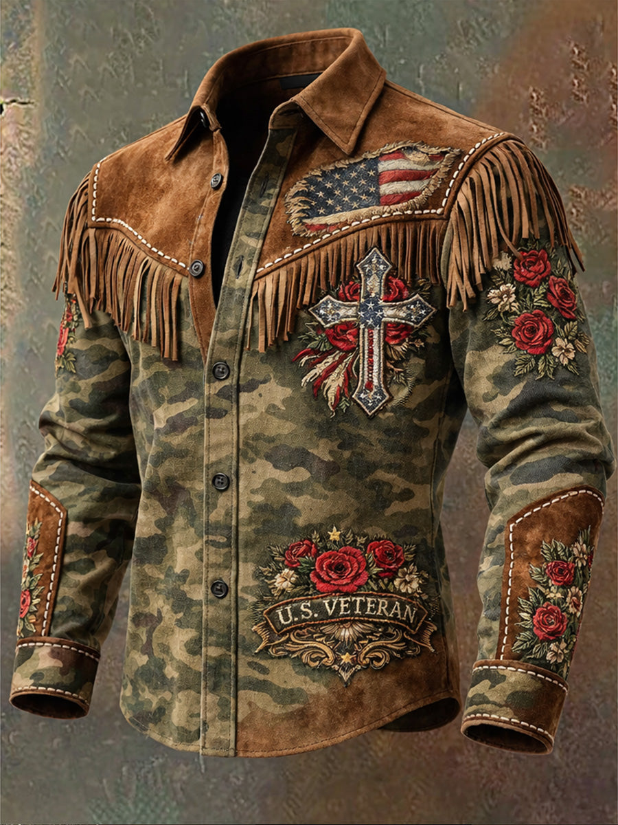Men's Retro U.S 250 American Eagle Print Western Vintage Tassel Casual Long Sleeve Shirt