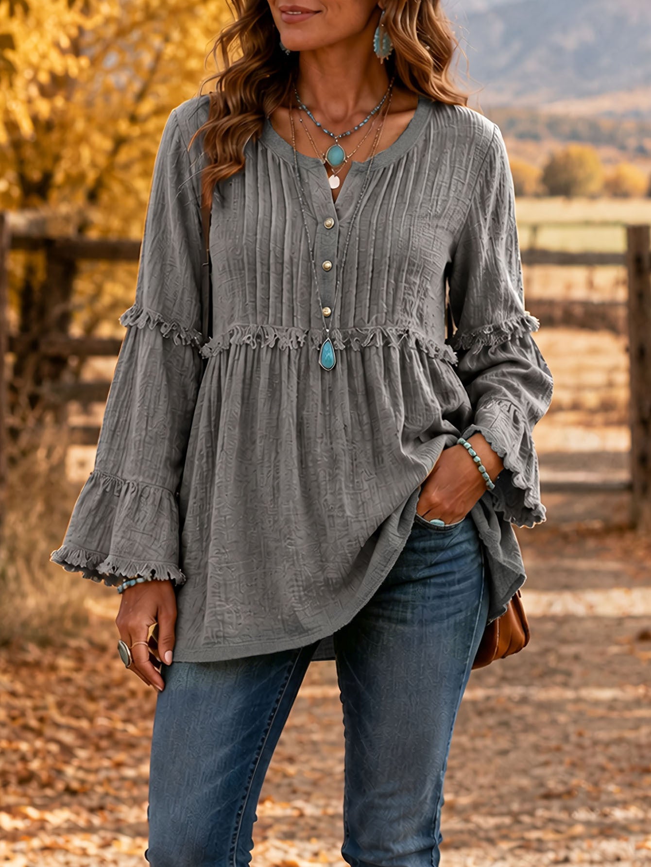 Women's Loose Fringe Spliced Button Casual Blouse Top