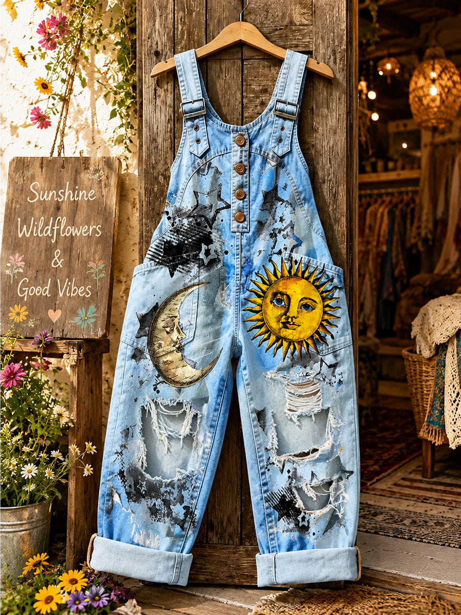 Women's Retro Style Art Print Washed Cotton Denim Patchwork Jumpsuit
