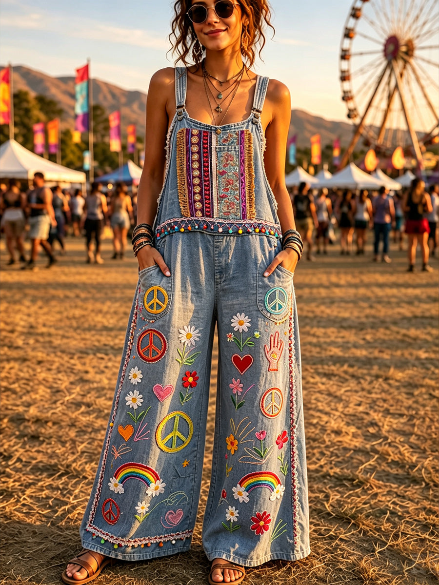 Women's Retro Style Art Print Washed Cotton Denim Patchwork Jumpsuit