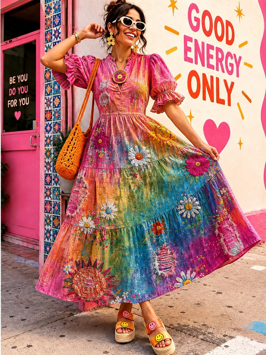 Women's Retro Art Print Washed Cotton Lace Patchwork Midi Dress
