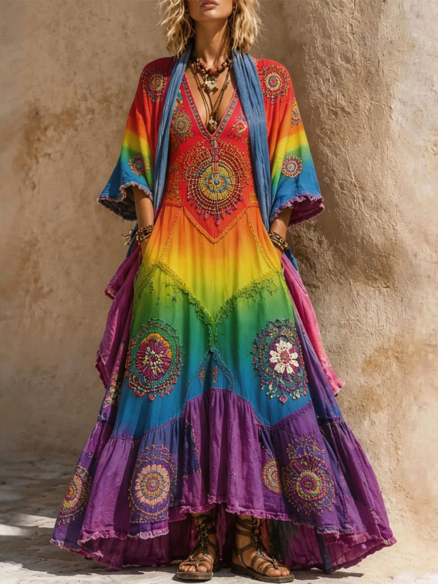 Retro Style Art Printed Vintage Camisole Dress Long Sleeve Two-Piece Maxi Dress