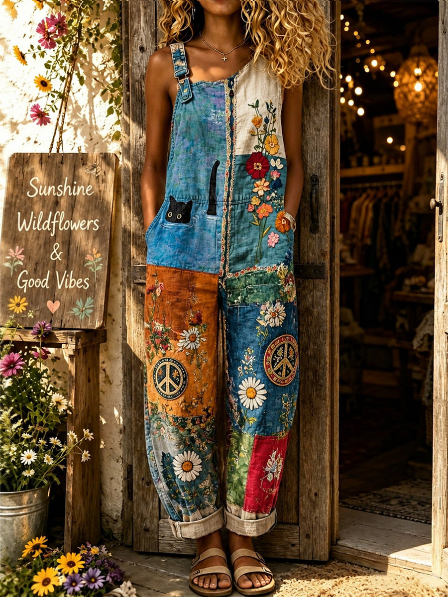 Women's Retro Style Art Print Washed Cotton Denim Patchwork Sleeveless Jumpsuit