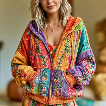 Women's Retro Hippie Floral Art Embroidery Color Block Cardigan Hoodie