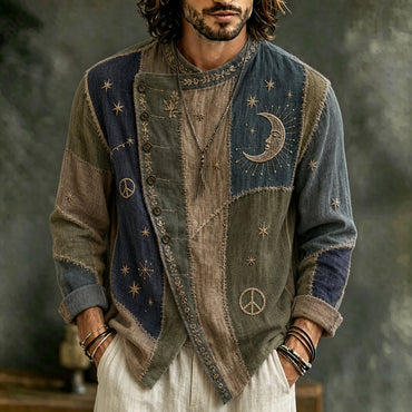Men's Vintage Patchwork Hippie Sun And Moon Art Print Flowy Linen Blend Casual Buttons Shirts