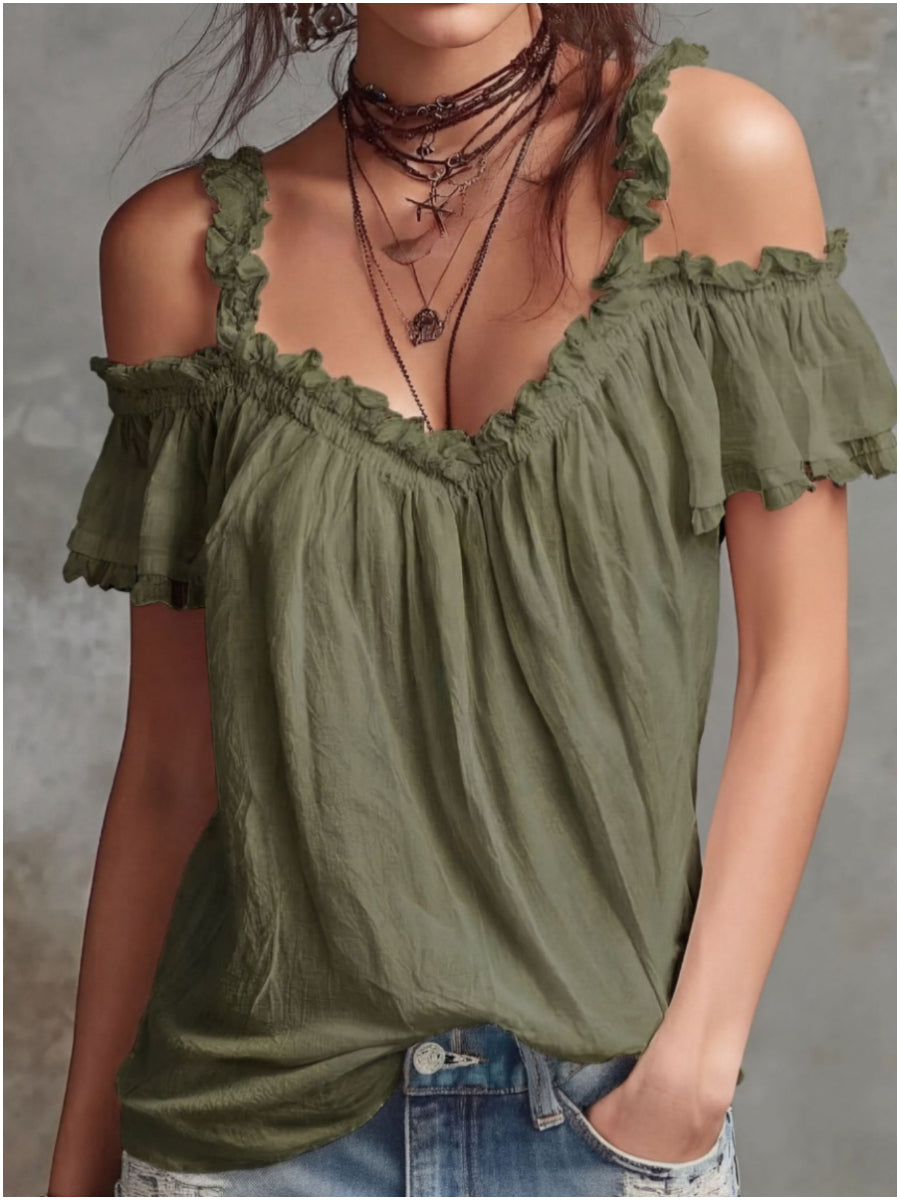 Women's Boho V-Neck Tiered Ruffle Peplum Blouse Top