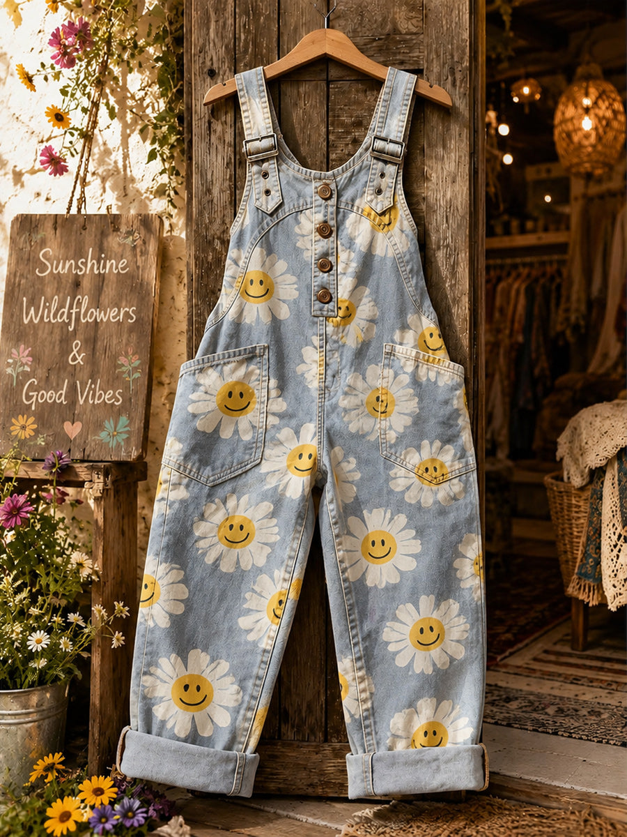 Women's Retro Style Art Print Washed Cotton Denim Patchwork Jumpsuit
