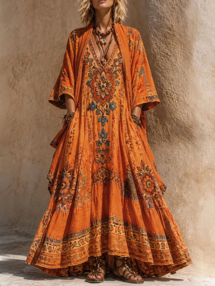 Retro Style Art Printed Vintage Camisole Dress Long Sleeve Two-Piece Maxi Dress