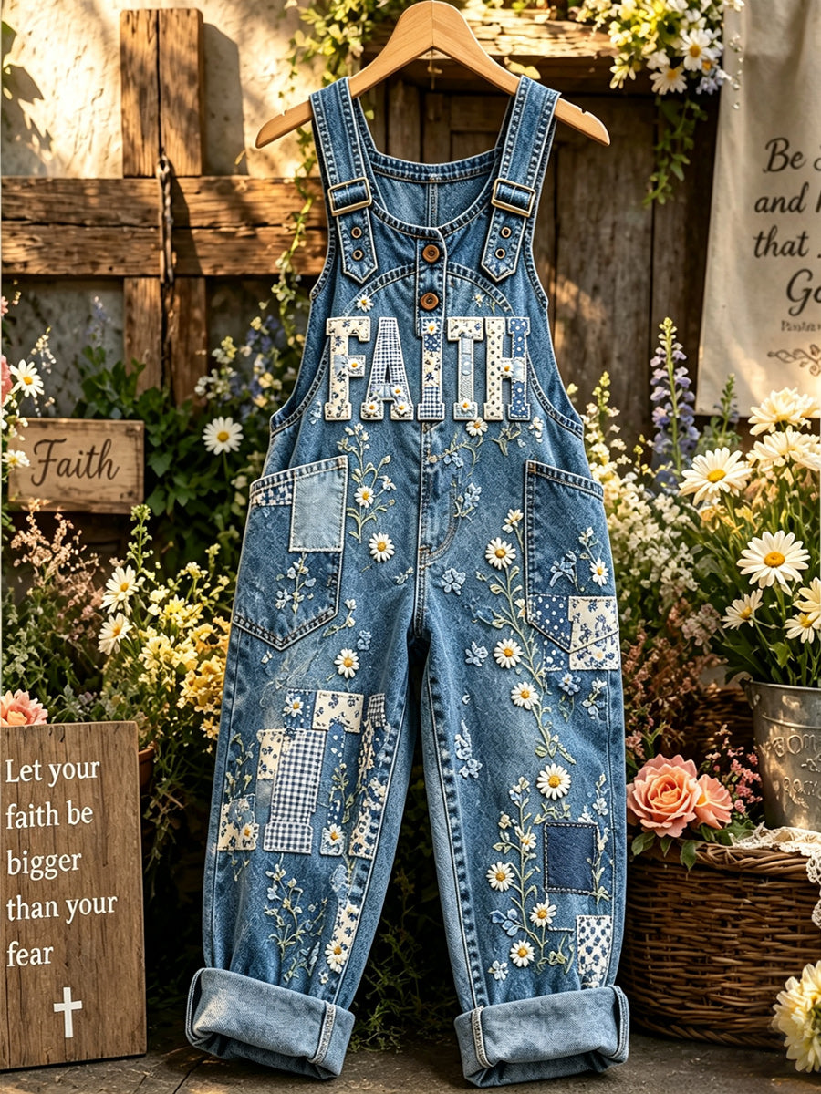 Women's Retro Style Art Print Washed Cotton Denim Patchwork Jumpsuit