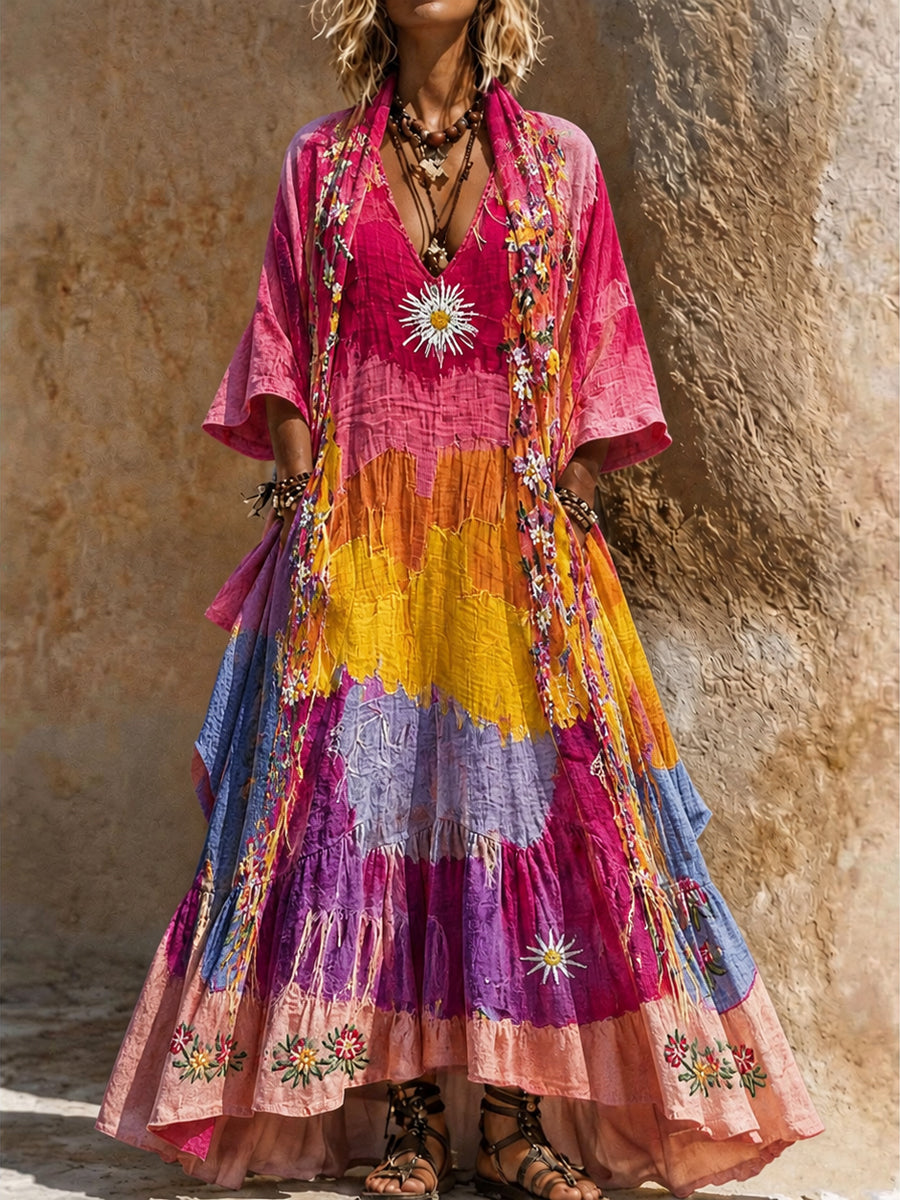 Retro Style Art Printed Vintage Camisole Dress Long Sleeve Two-Piece Maxi Dress