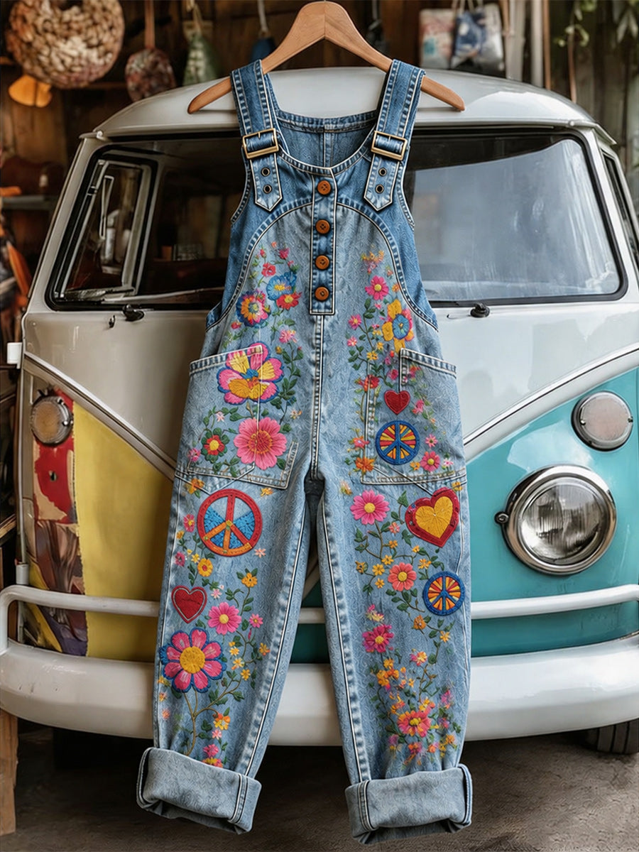 Women's Retro Style Art Print Washed Cotton Denim Patchwork Jumpsuit