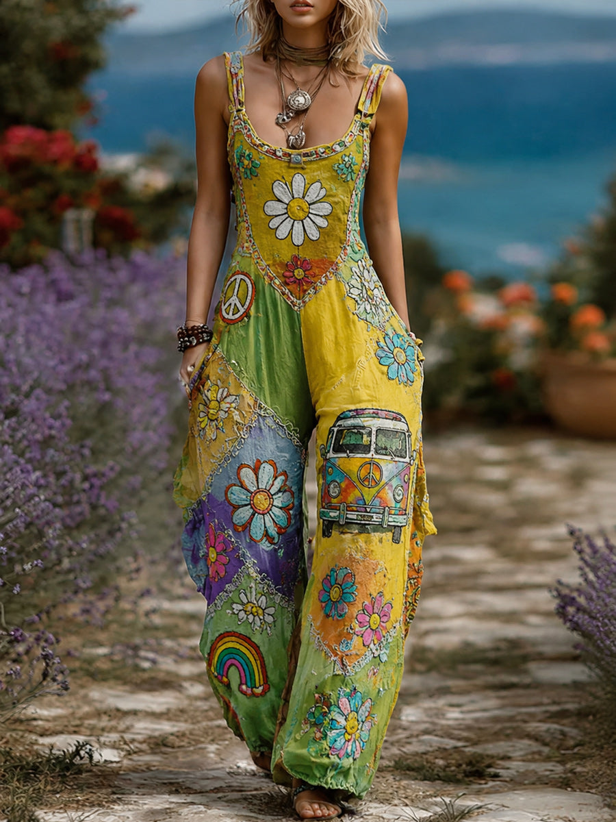 Women's Retro Style Art Print Washed Cotton Denim Patchwork Jumpsuit