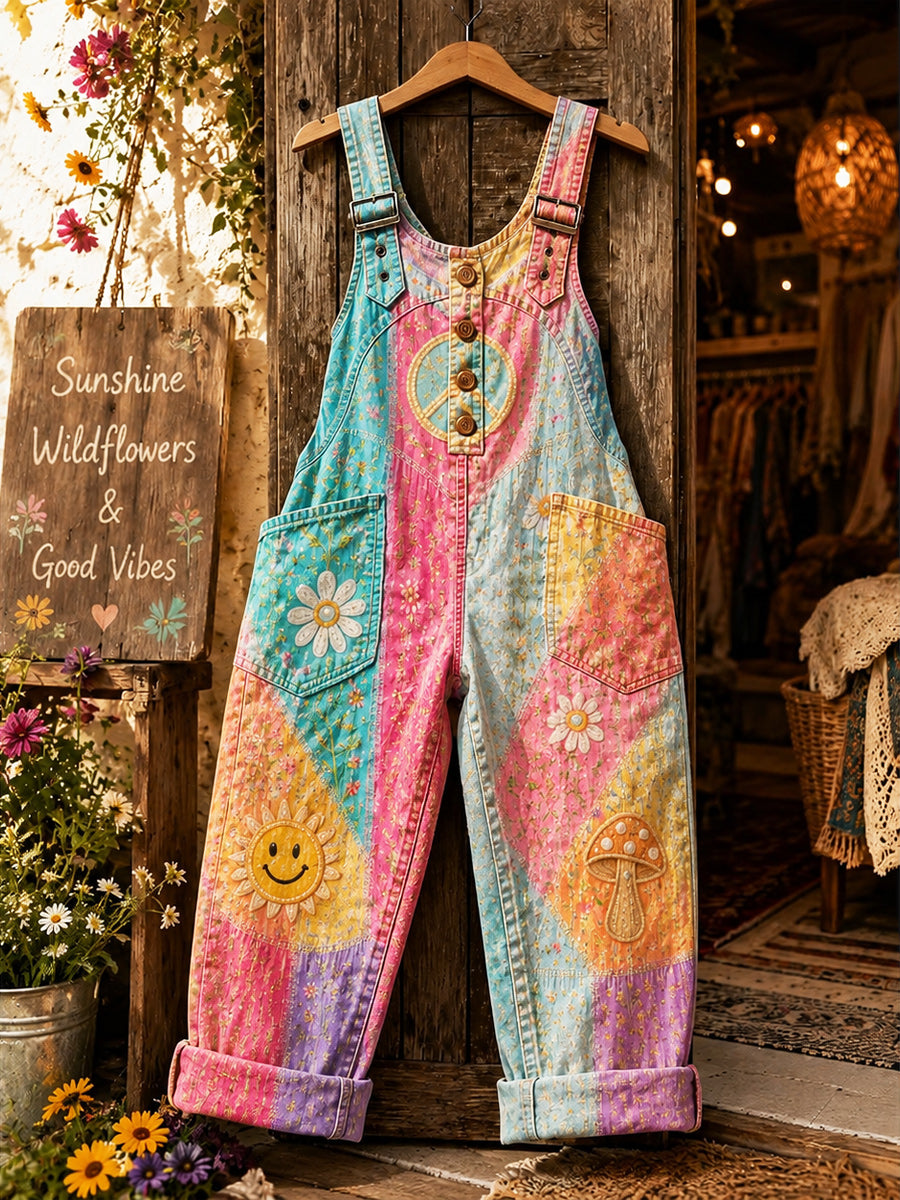 Women's Retro Style Art Print Washed Cotton Denim Patchwork Jumpsuit