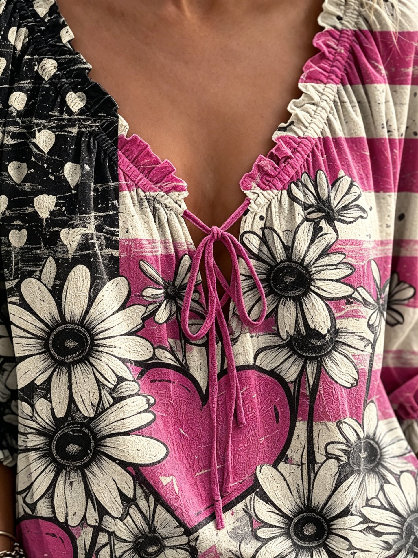 Women's Retro Flag And Floral Art Print Casual Three-quarter Sleeve V-neck Ruffled Drawstring Shirt