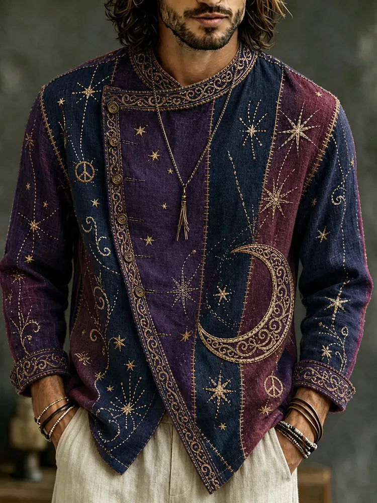 Men's Vintage Hippie Sun And Moon Art Print Flowy Linen Blend Casual Buttons Shirts