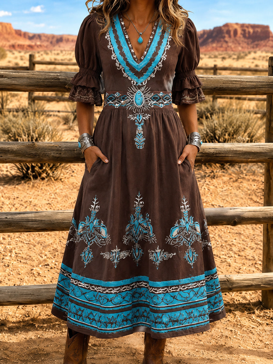 Women's Retro Art Print Washed Cotton Lace Patchwork Midi Dress