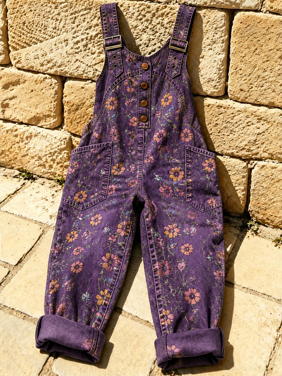 Women's Retro Style Art Print Washed Cotton Denim Patchwork Jumpsuit