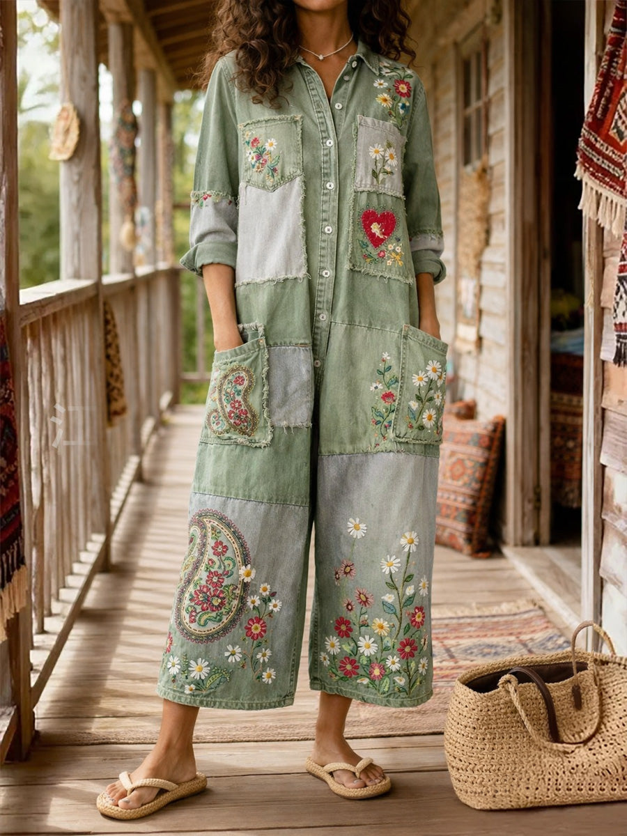 Women's Retro Floral Color-Blocked Art Print Long Sleeves Patchwork Jumpsuit