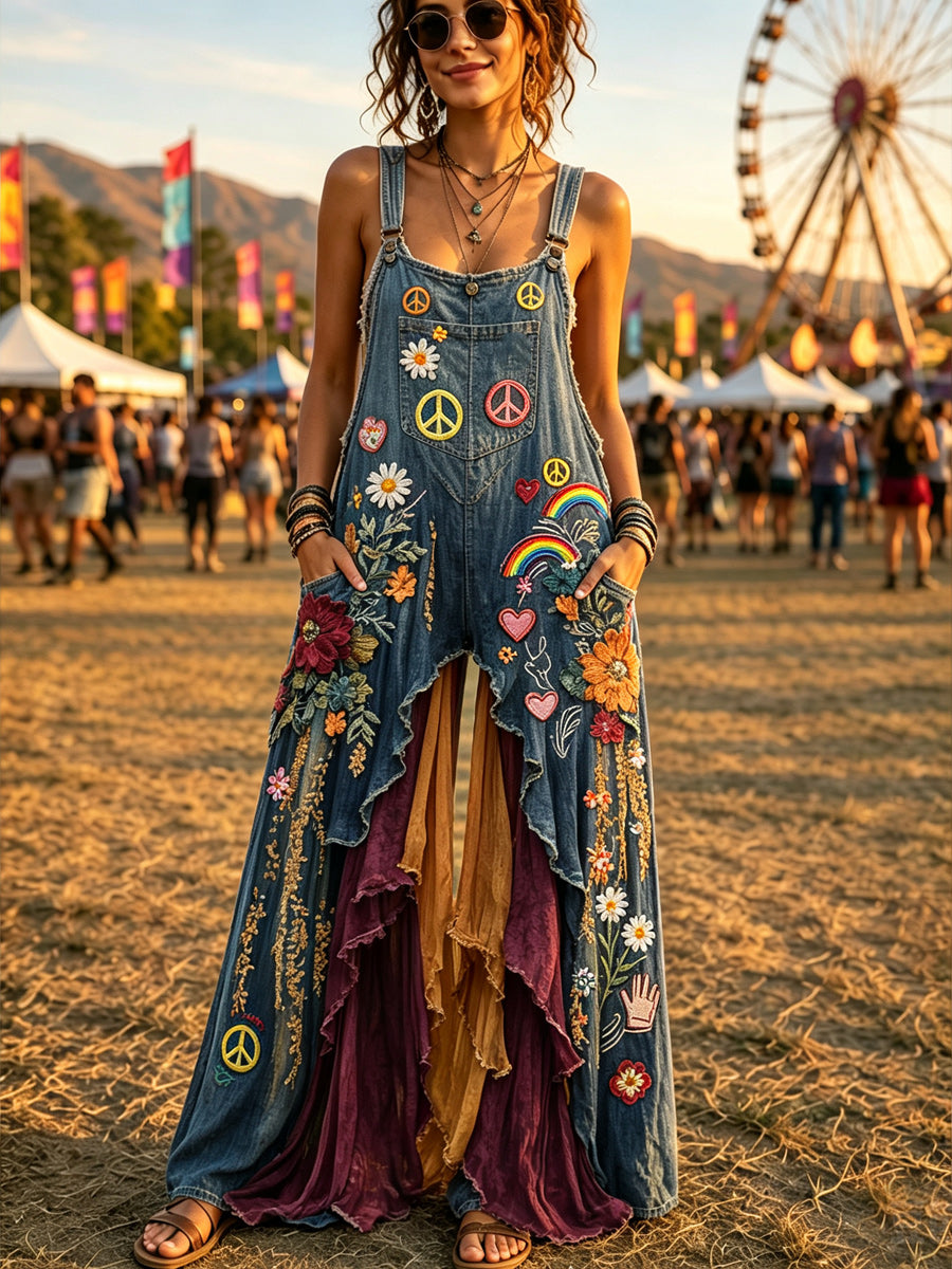 Women's Retro Style Art Print Washed Cotton Denim Patchwork Jumpsuit