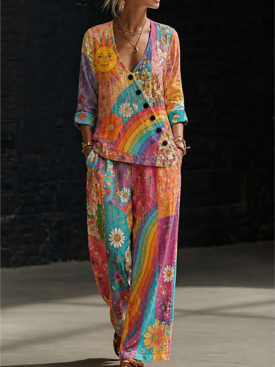 Retro Style Design Art Printed V-Neck Long-Sleeved Top And Pants Set