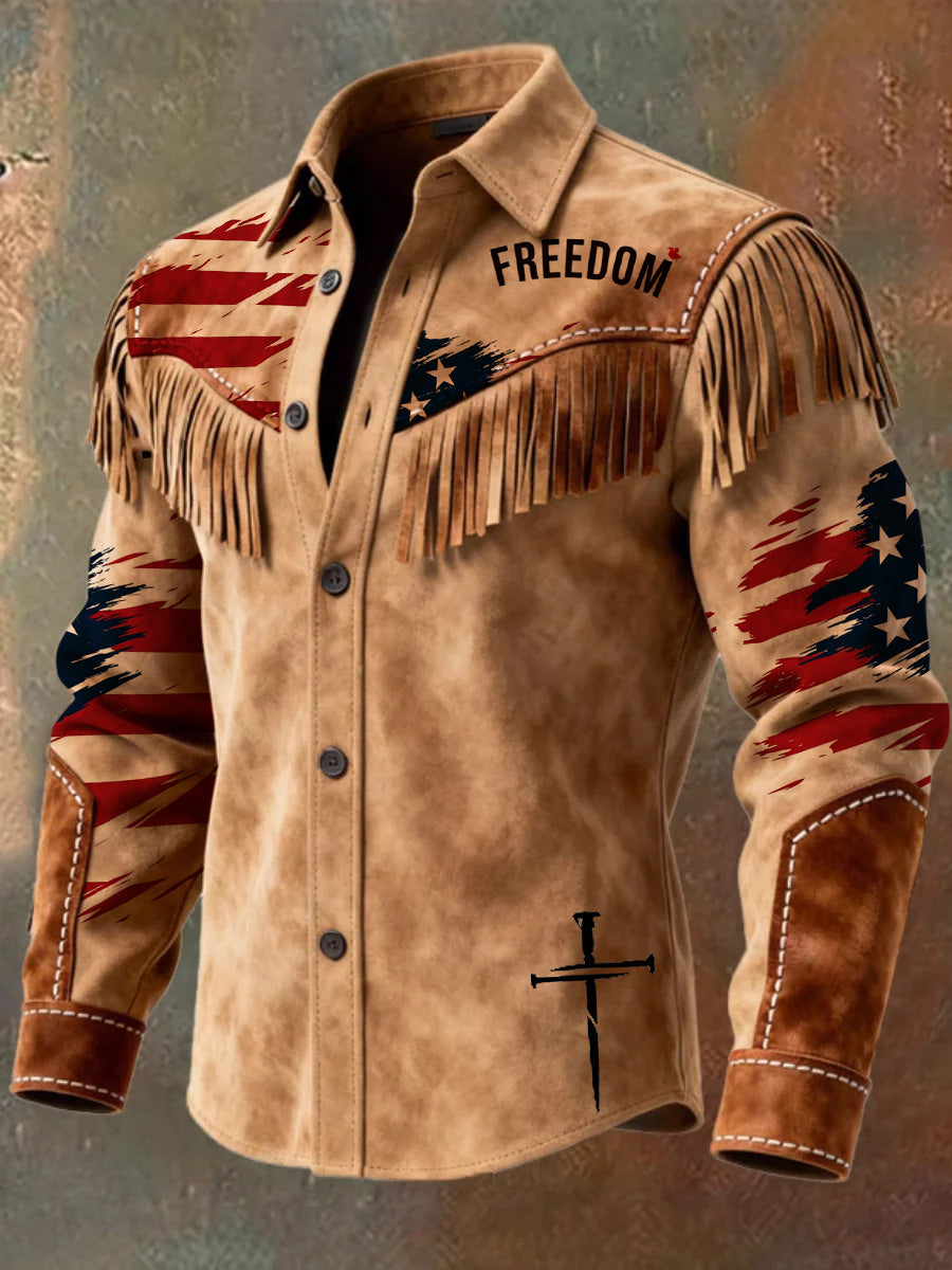 Men's Retro Western Style Art Print Vintage Tassel Casual Long Sleeve Shirt