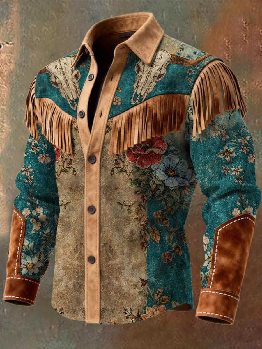 Men's Retro Western Style Art Print Vintage Tassel Casual Long Sleeve Shirt