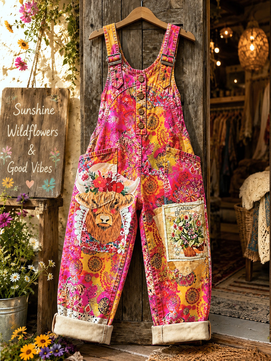 Women's Retro Style Art Print Washed Cotton Denim Patchwork Jumpsuit