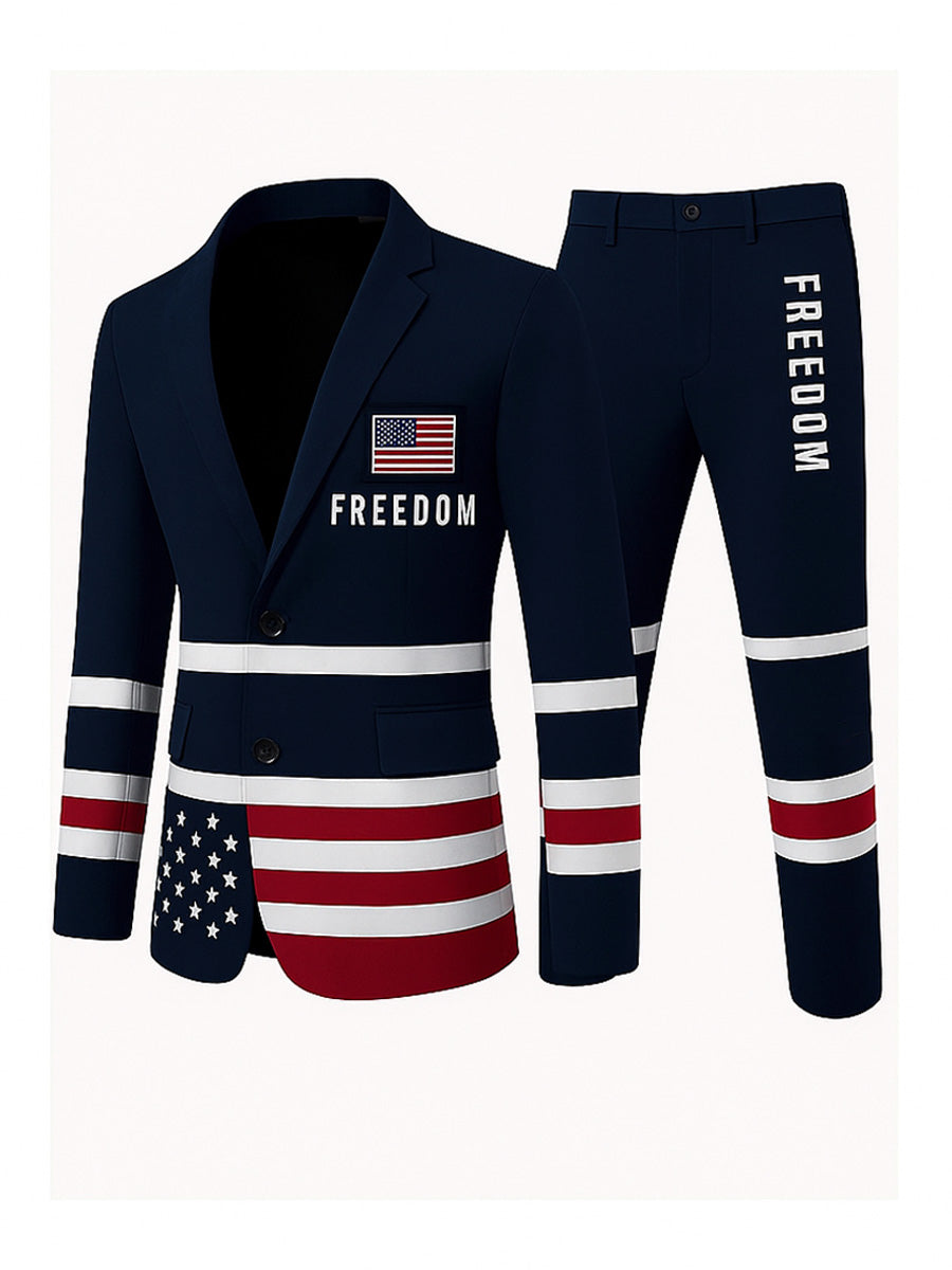 Men's Freedom American Flag Print Casual Jacket Trousers Two-Piece Suits