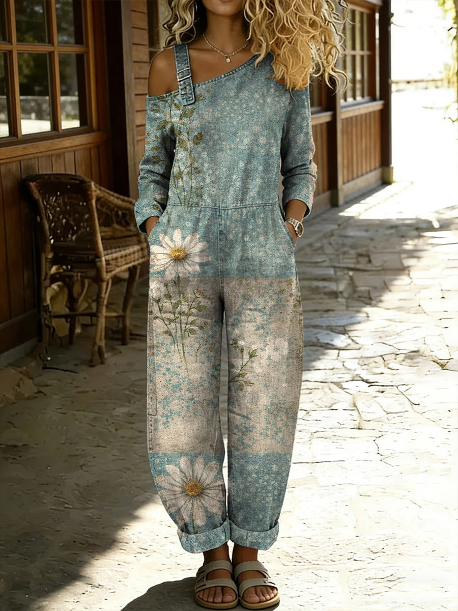 Women's Retro Floral Color-Blocked Art Print Washed Cotton Denim Patchwork Jumpsuit