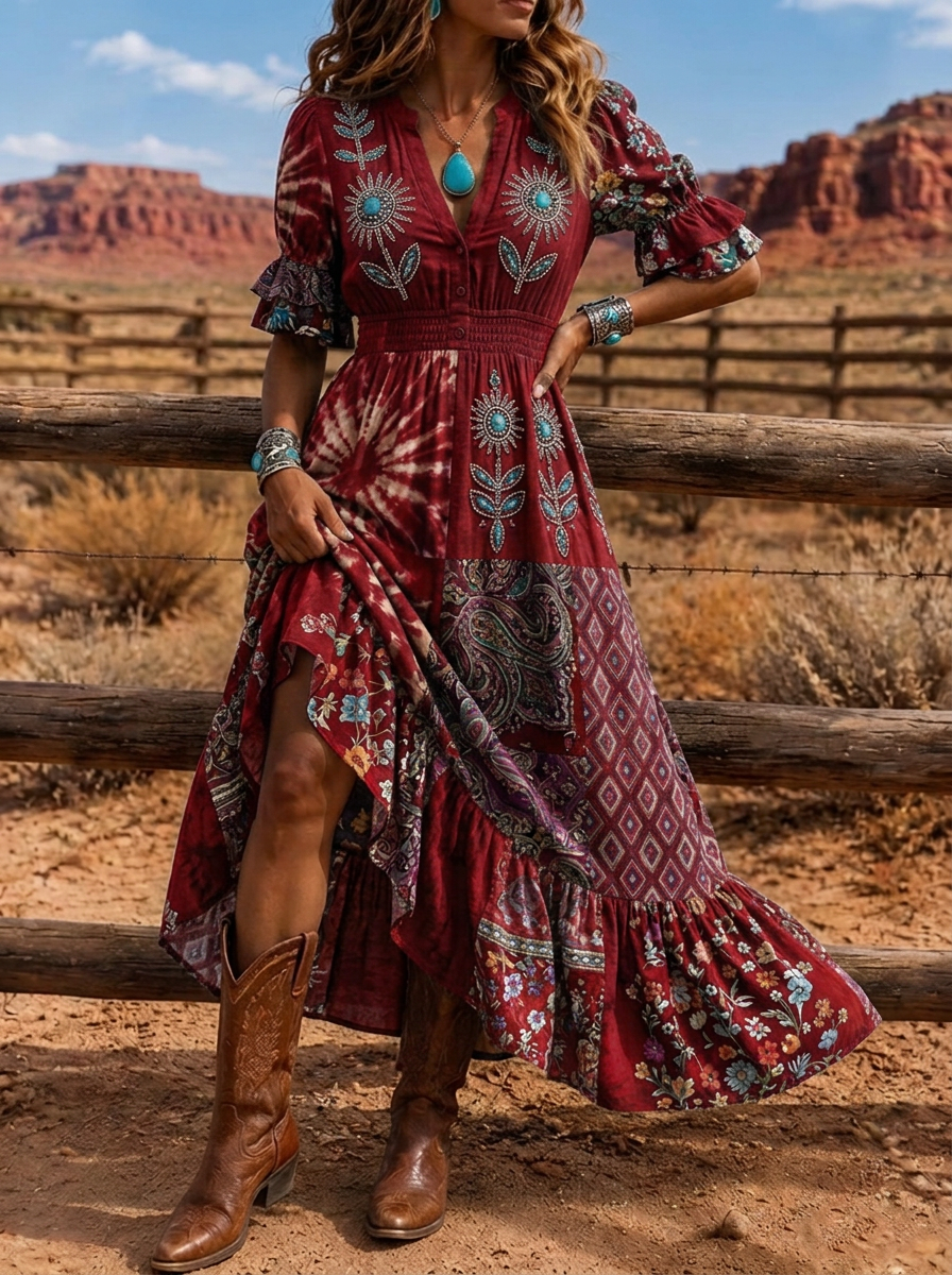 Women's Western Boho Floral Paisley Printed Maxi Dress