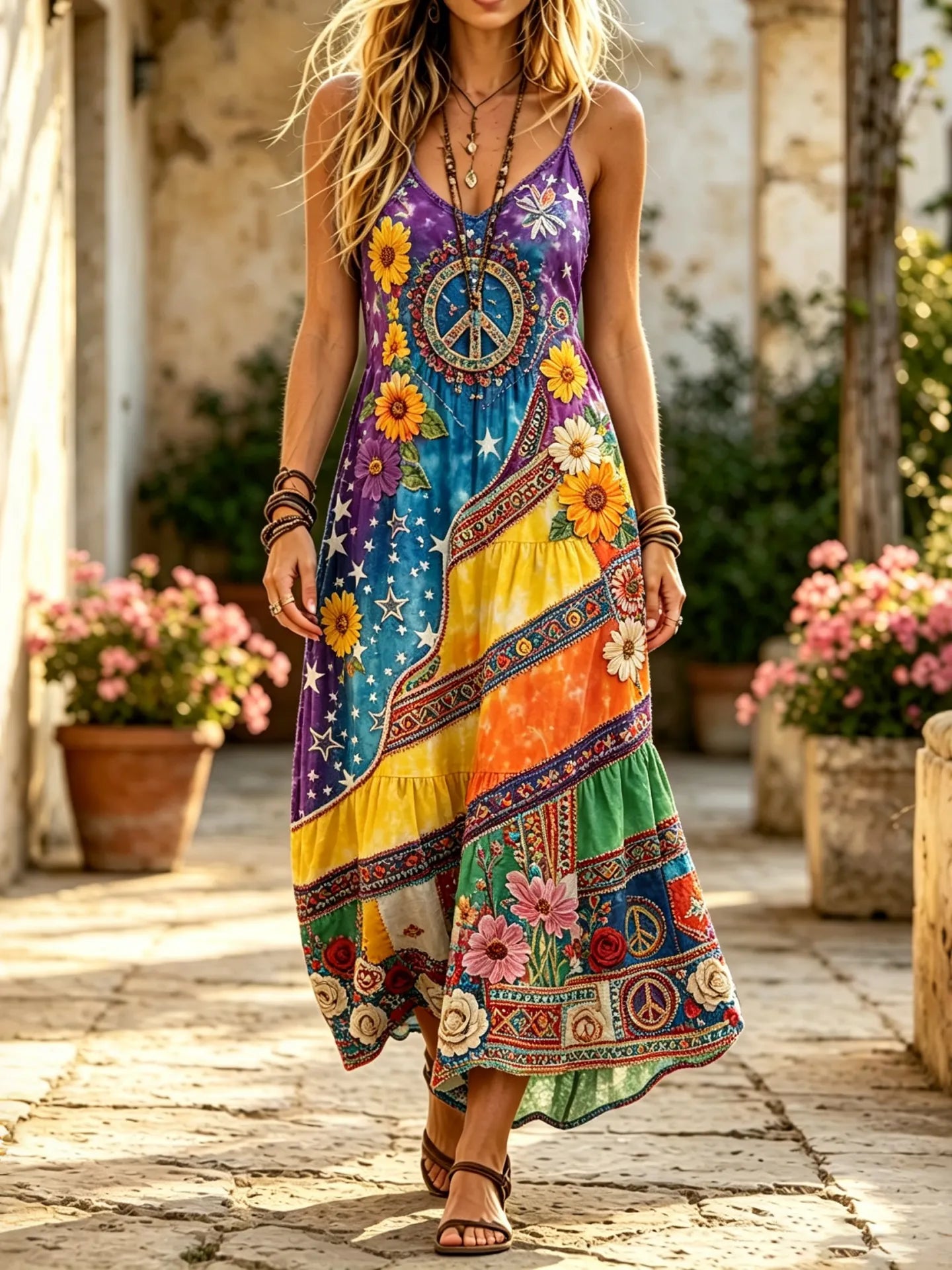 Women's Bohemian Hippie Star Floral Ethnic Print Dress