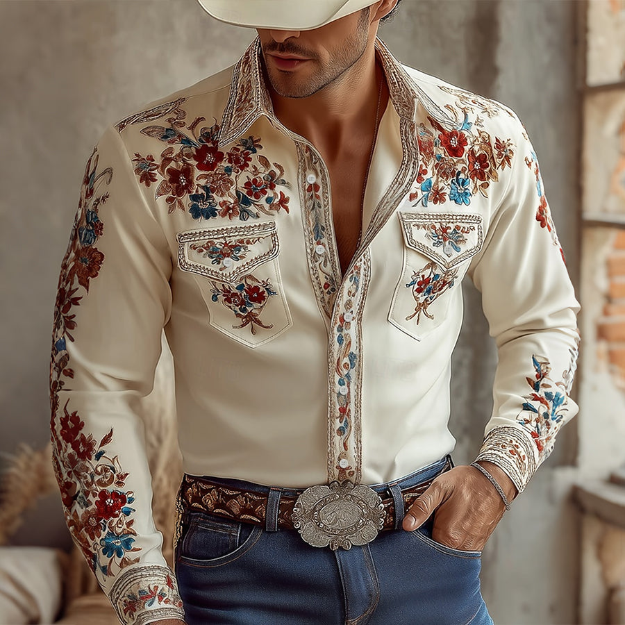 Men's Western Colorful Floral Embroidered Long Sleeve Shirt