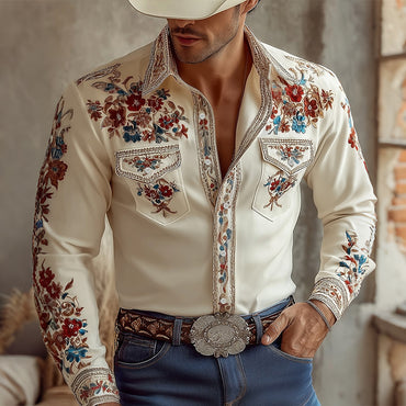 Men's Western Colorful Floral Embroidered Long Sleeve Shirt