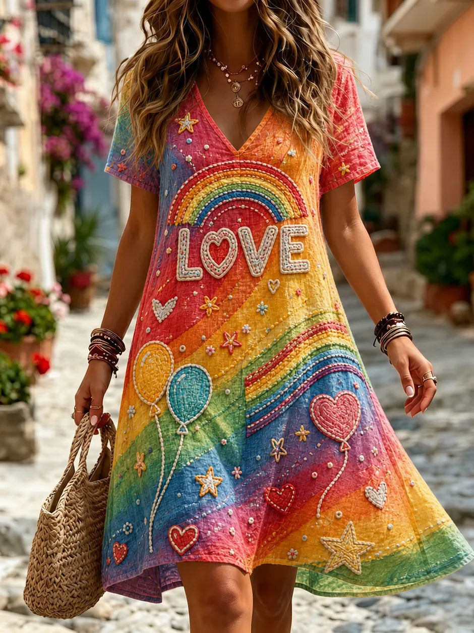 Women's Retro Hippie Rainbow Love Art V-neck Short Sleeve Midi Dress