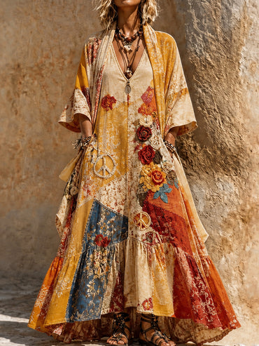 Retro Style Art Printed Vintage Camisole Dress Long Sleeve Two-Piece Maxi Dress
