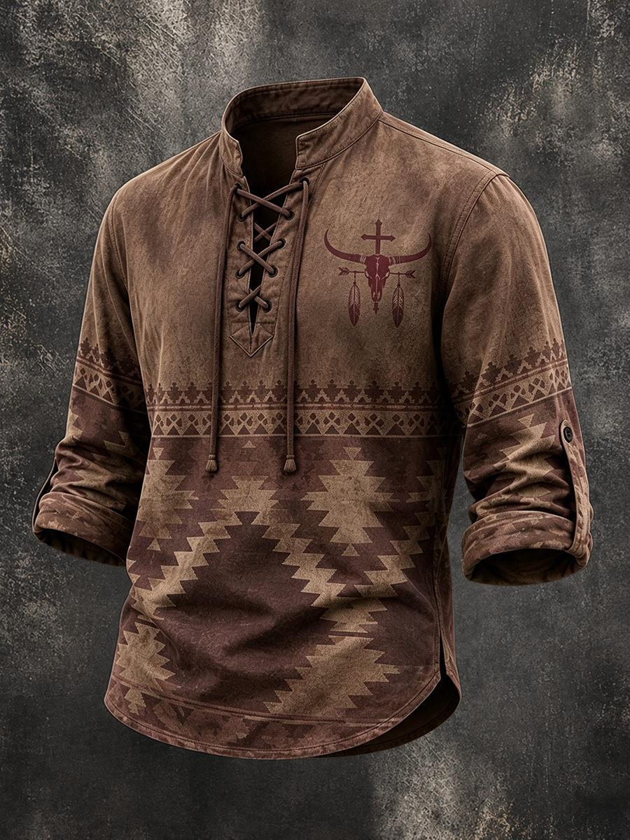 Men's Bull Skull Cross Feather Aztec Gradient Western Long Sleeve Top