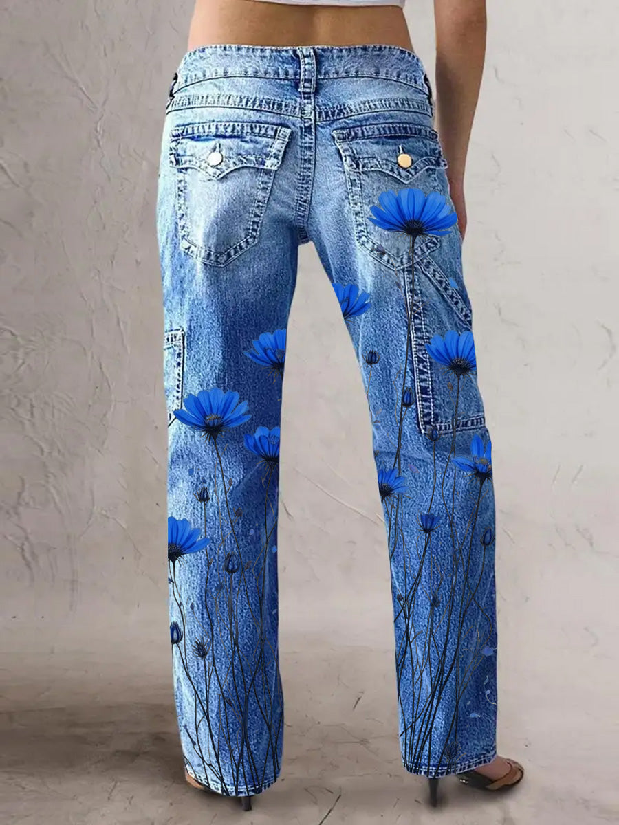 Women's Retro Style Art Print Casual Pocket Button Wide Leg Pants