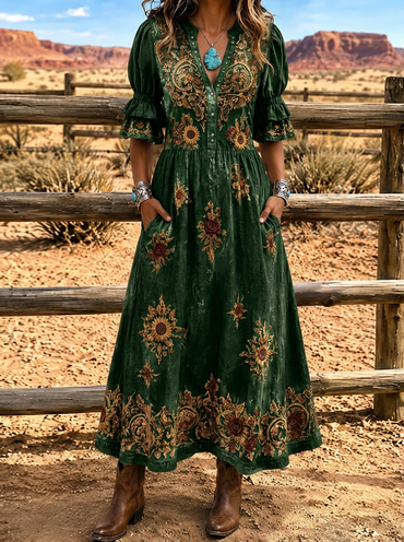 Women's Western Boho Sunflower Floral Printed Velvet Dress