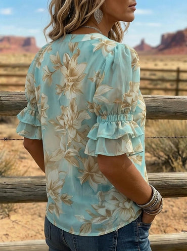 Vintage Floral Art Print V-neck Puff Sleeve Ruffle Shirt