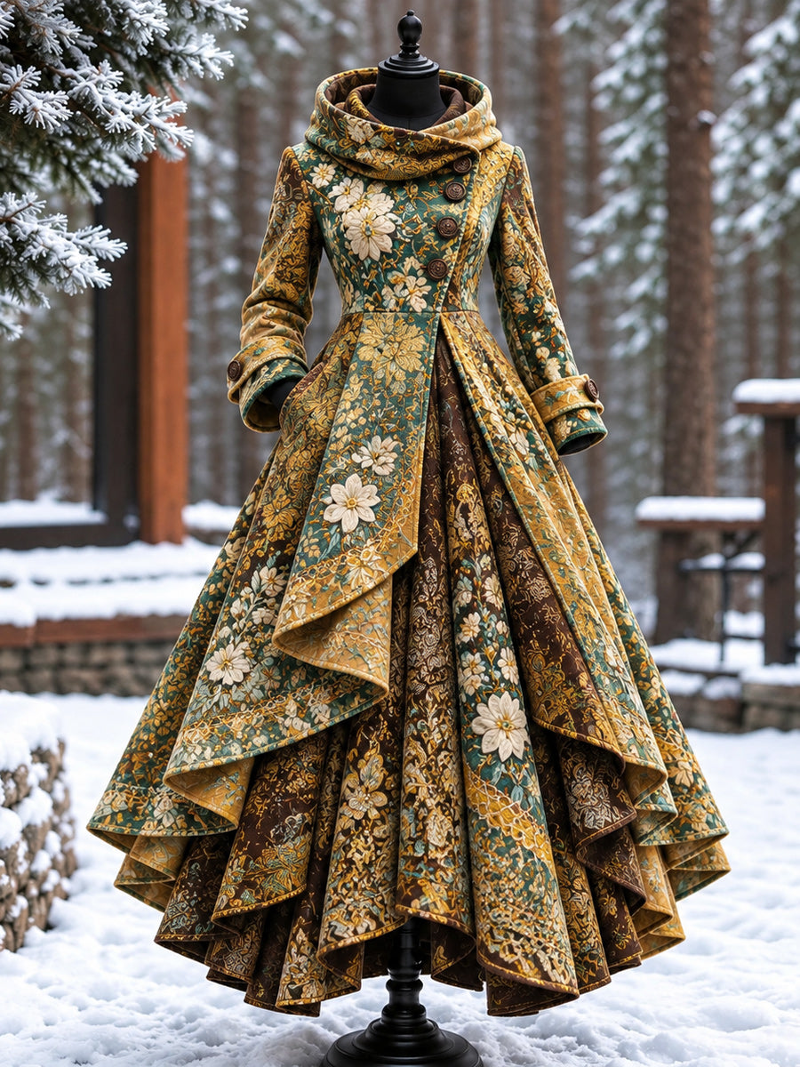 Women’s Vintage High-Collar Asymmetrical Double-Layer Hem Long Maxi Coat