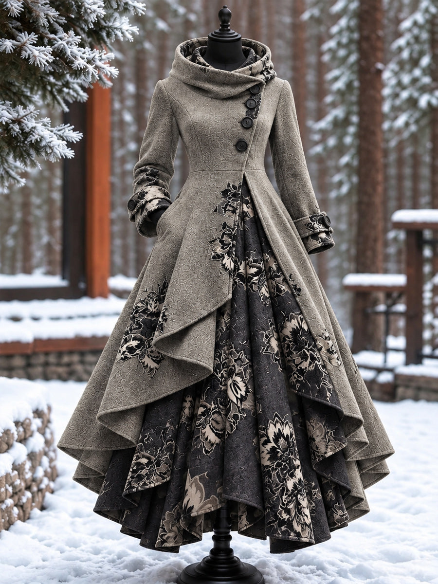 Women’s Vintage High-Collar Asymmetrical Double-Layer Hem Long Maxi Coat