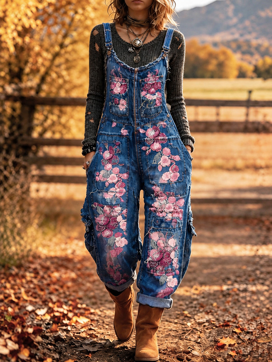 Women's Retro Style Art Print Washed Cotton Denim Patchwork Jumpsuit