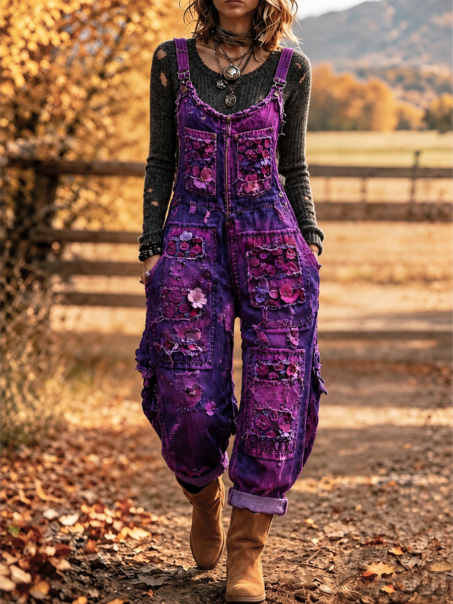 Women's Retro Style Art Print Washed Cotton Denim Patchwork Jumpsuit