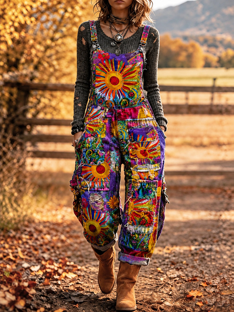 Women's Retro Style Art Print Washed Cotton Denim Patchwork Jumpsuit