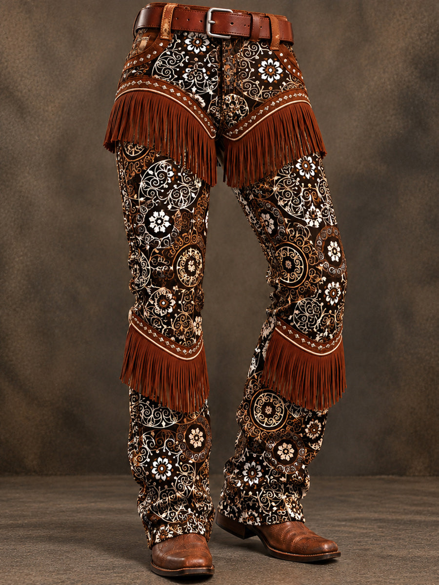 Men's Retro Art Print Casual Tassel Workwear Trousers