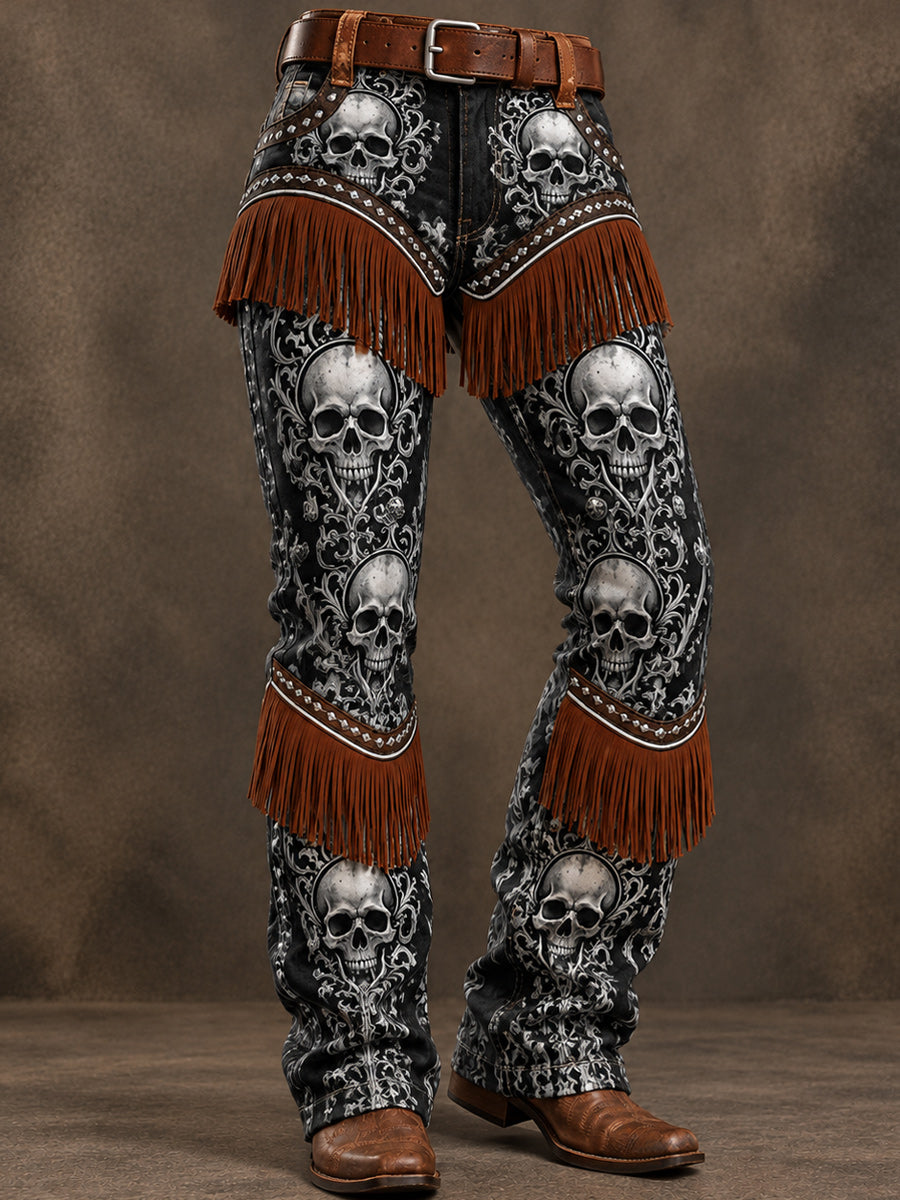 Men's Retro Art Print Casual Tassel Workwear Trousers