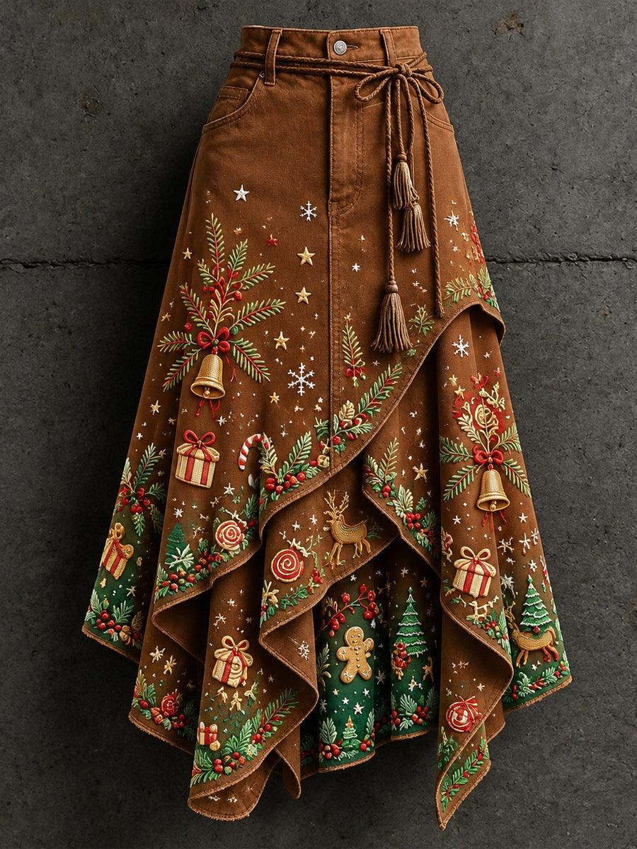 Women's Retro Style Art Print Irregularly Layered Stitched Skirt