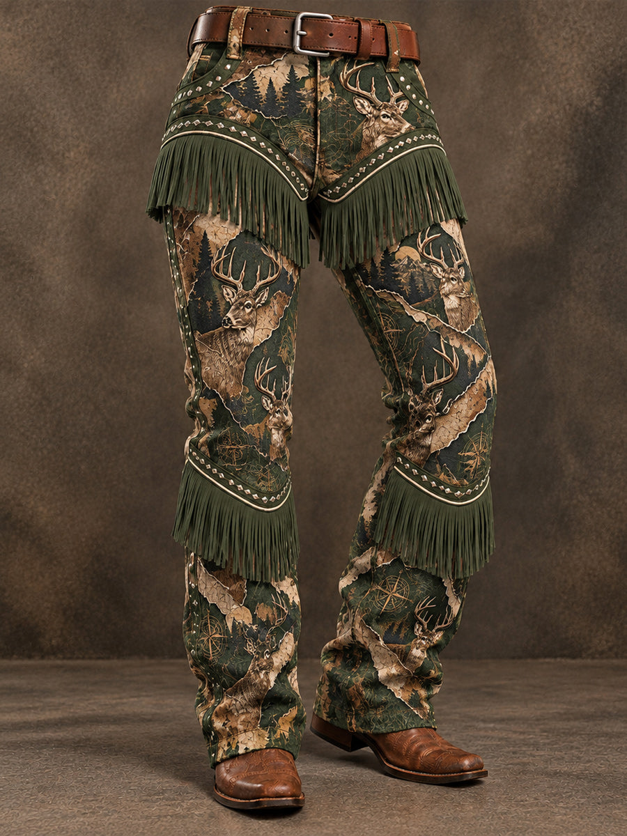 Men's Retro Art Print Casual Tassel Workwear Trousers