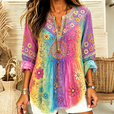 Women's Hippie Floral Peace Sign Tie Dye Patchwork Print Cotton Blend Shirt