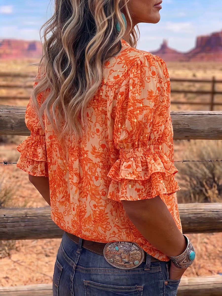 Vintage Art Print Comfortable Summer Fabrics Puff Sleeve Casual Shirt